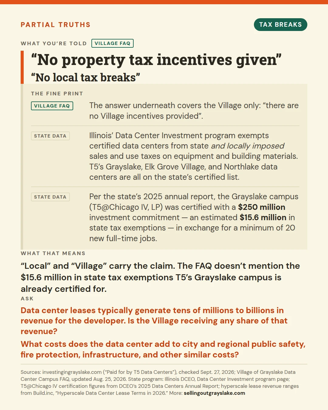 Partial truth: state and local tax incentives available to data centers, and what isn&rsquo;t disclosed about which ones apply here.